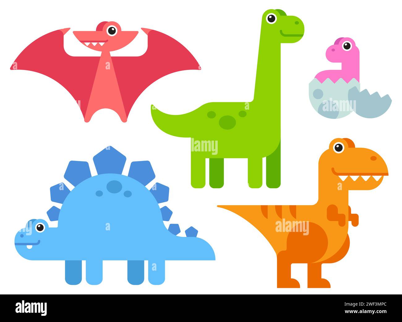 Adorabili dinosauri da cartoni animati in stile semplice e minimalista e colori brillanti. Illustrazione vettoriale. Illustrazione Vettoriale