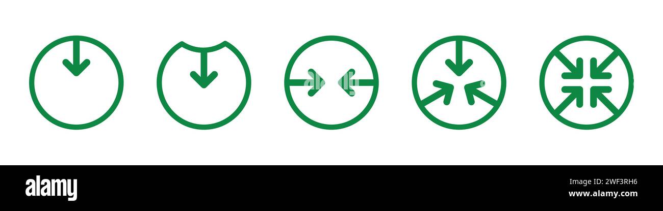 Icona di riduzione del simbolo impostata in verde. Ridurre il set di icone di compressione e riciclo. Trasformare, modificare, convertire, riutilizzare il set di icone in verde. Illustrazione Vettoriale