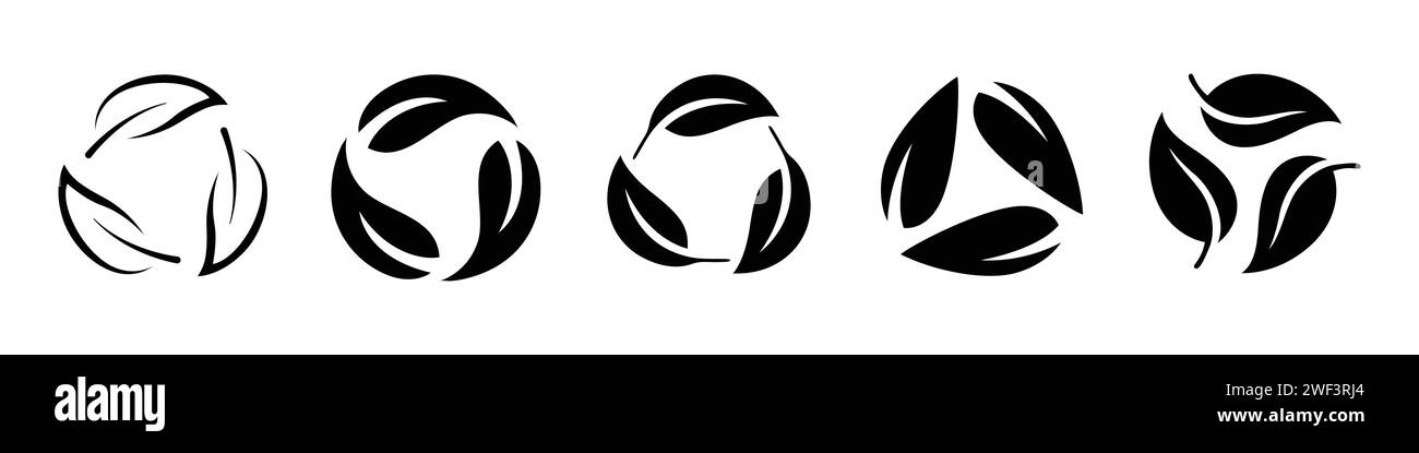 Set di icone per il riciclaggio delle lamelle. Simbolo di riciclaggio delle foglie biodegradabili impostato in nero. Riciclaggio, riutilizzo del simbolo isolato di colore nero. Illustrazione Vettoriale Set di icone per il riciclaggio delle lamelle. Simbolo di riciclaggio delle foglie biodegradabili impostato in nero. Riciclaggio, riutilizzo del simbolo isolato di colore nero. Illustrazione Vettoriale