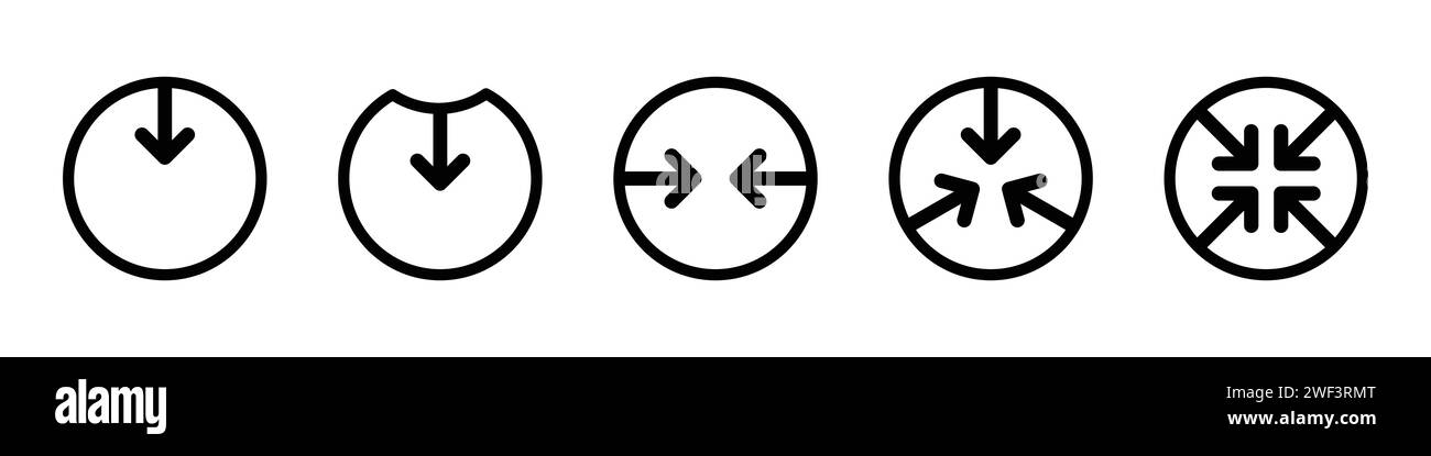 Icona di riduzione del simbolo impostata in nero. Ridurre il set di icone di compressione e riciclo. Trasformare, modificare, convertire, riutilizzare il set di icone in nero. Illustrazione Vettoriale