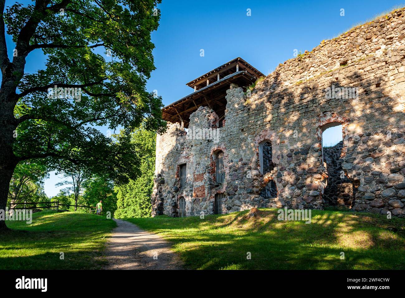 Rovine del castello medievale in Lettonia Rauna. Vecchio muro di mattoni di Stoune del castello di Raunas dove era arcivescovo vivente nel Medio Evo in Lettonia. Foto Stock