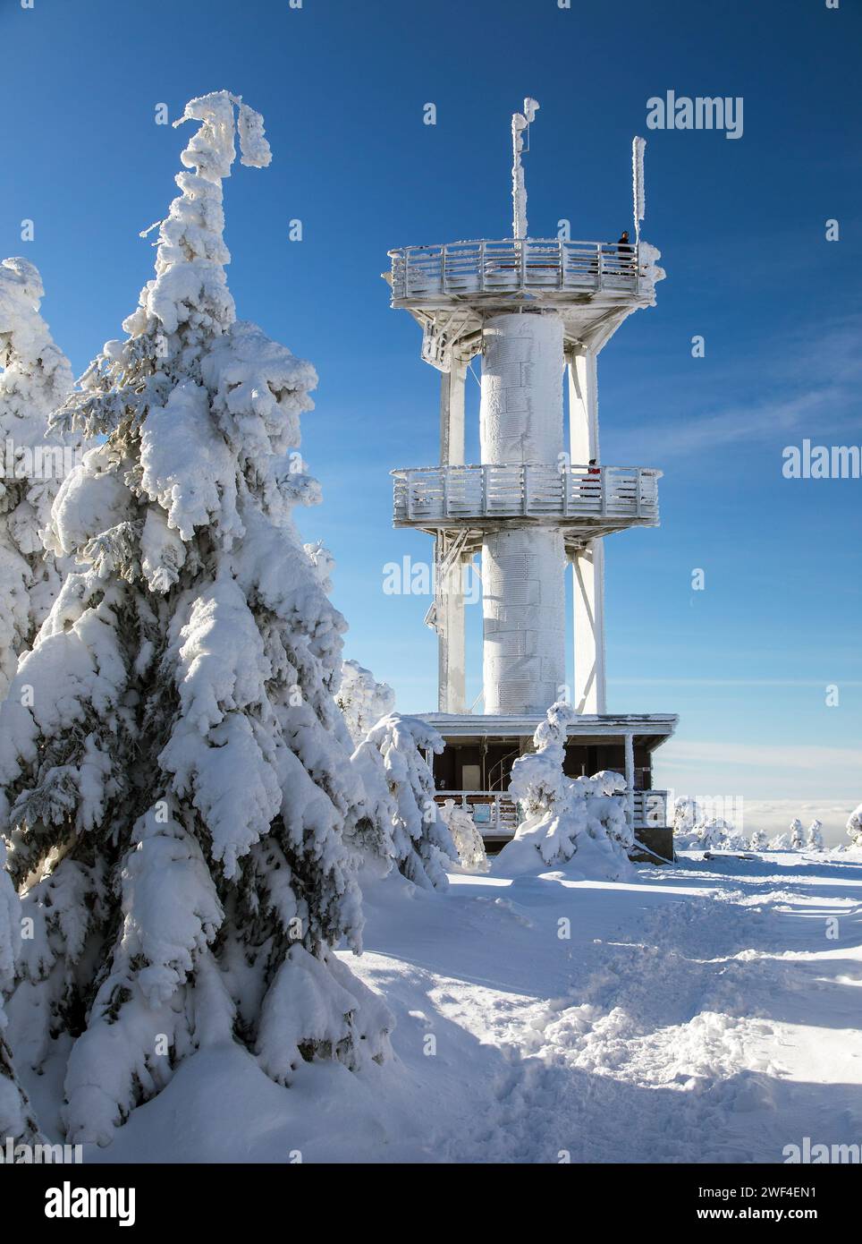 Monte Smrk e torre panoramica in cima, paesaggio invernale dai monti Jizera nella locale Jizerske hory, Repubblica Ceca Foto Stock