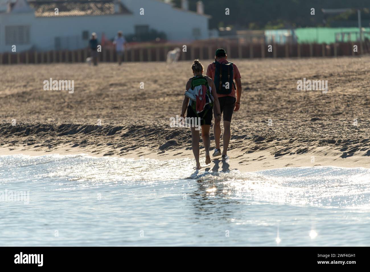 Un paio da dietro, facendo una piacevole passeggiata lungo una spiaggia. Il mare sta creando una leggera onda e la foto è stata scattata in controluce. Foto Stock