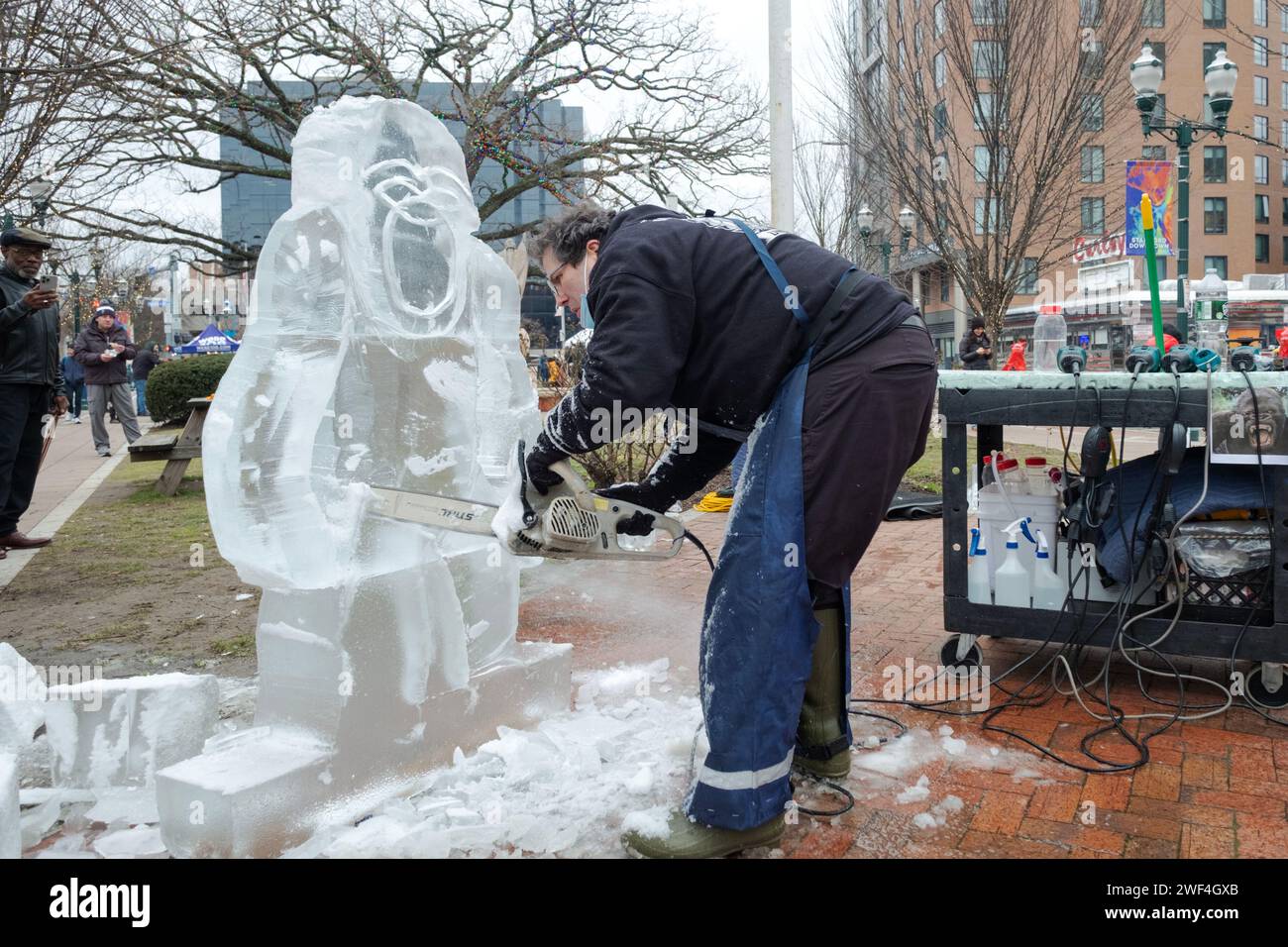 Jimmy Chiappe, scultore del ghiaccio, scolpisce un gorilla da blocchi di ghiaccio utilizzando una motosega. Al Fire Ice Festival al Columbus Park di Stamford, Connecticut. Foto Stock