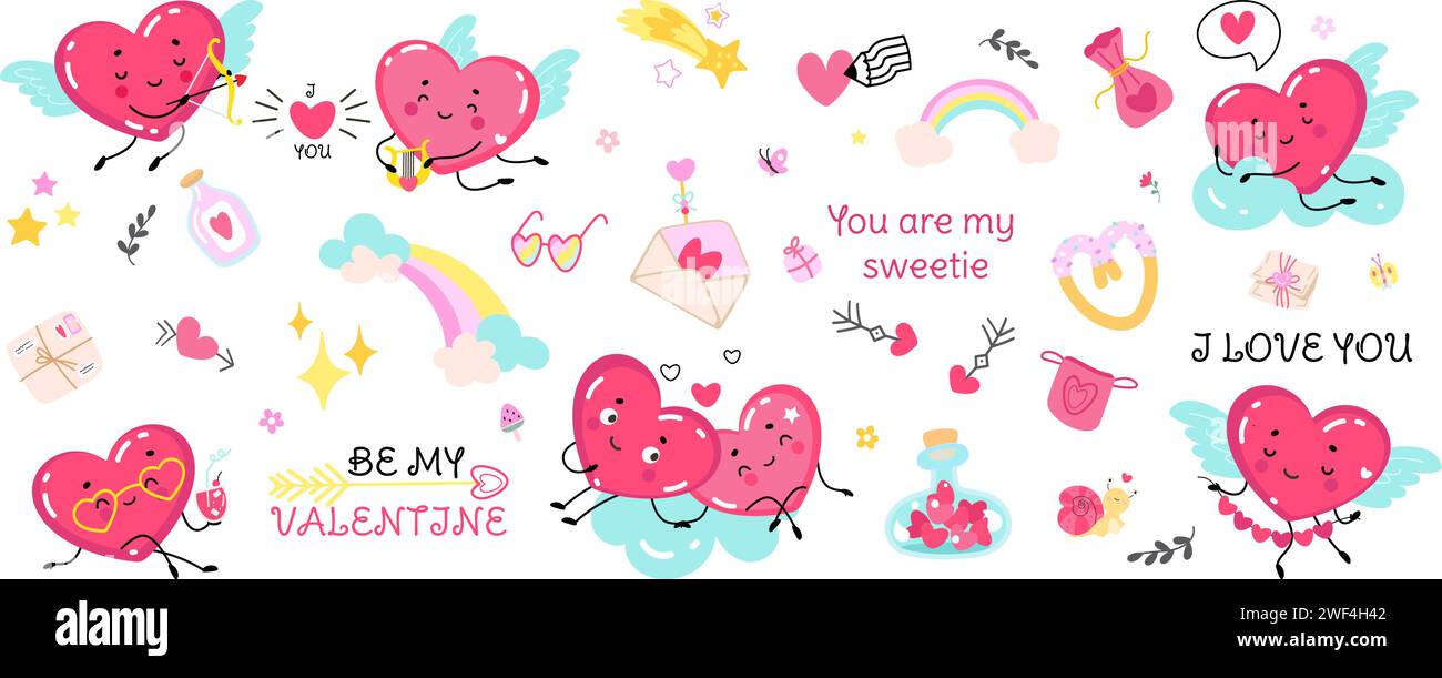 Elementi divertenti e romantici. Coppia di cuori carini, lettere e pacchi d'amore, arcobaleno. Simboli di San Valentino, incantevoli adesivi isolati, set vettoriale di neve Illustrazione Vettoriale