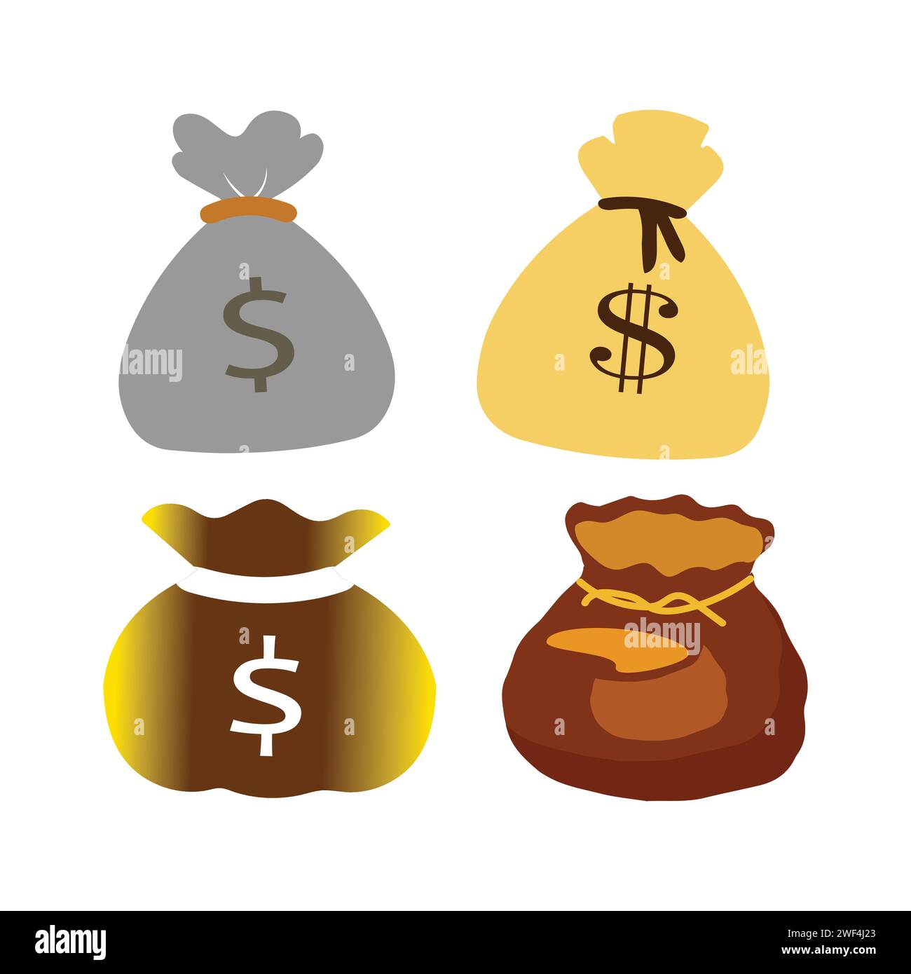 Borsa dei soldi con soldi, moneta e lingotto d'oro. Pila di lingotti o lingotti d'oro lucenti e sacchetto dei soldi con monete. Concetto aziendale. Icona per Web, giochi, applicazioni Illustrazione Vettoriale