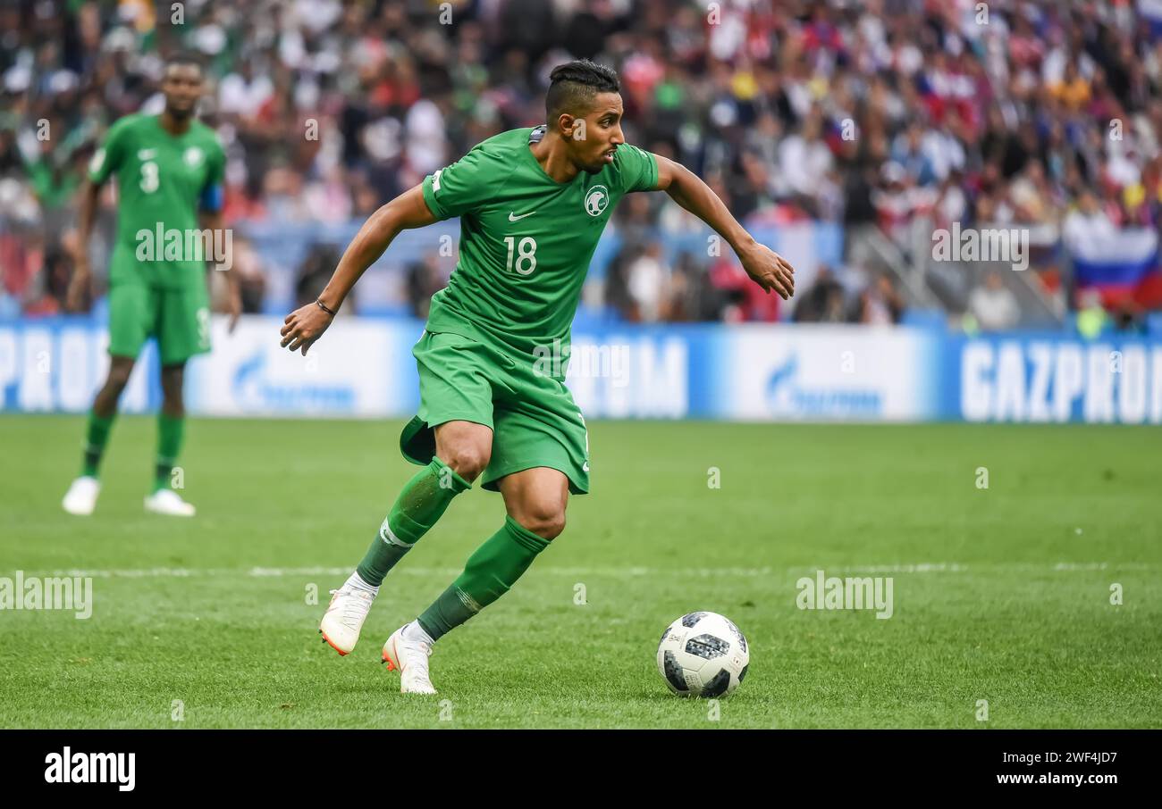 Mosca, Russia – 14 giugno 2018. Il centrocampista della nazionale di calcio dell'Arabia Saudita Salem Aldawsari durante la partita di apertura della Coppa del mondo FIFA 2018 Russia vs Foto Stock