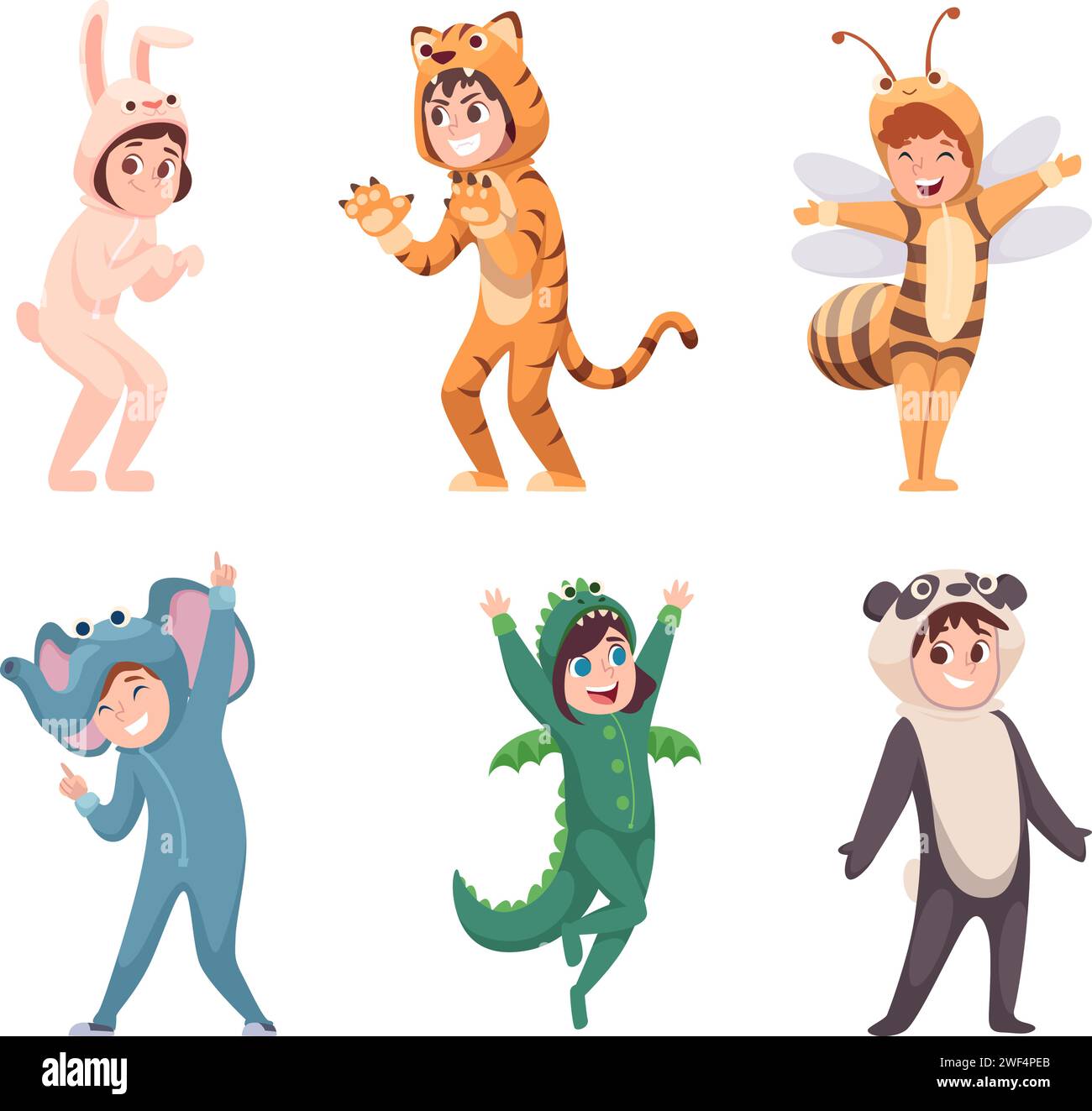 Costumi animali. Festa per i bambini con divertenti costumi di carnevale, completo vettoriale esatto per i bambini Illustrazione Vettoriale