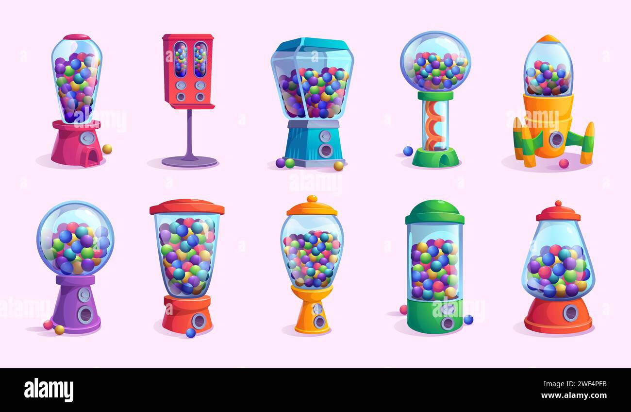 Distributori automatici di dolci. Gomme colorate e caramelle nei distributori automatici collezione esatta di immagini vettoriali Illustrazione Vettoriale