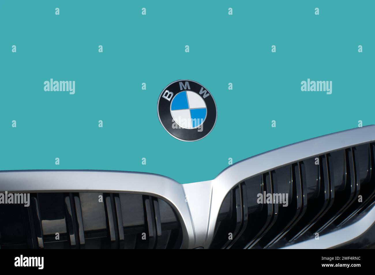 OCALA, FLORIDA - 2 NOVEMBRE 2023 stemma BMW logo emblema verde smeraldo cofano auto. Bavaria Motor Works multinazionale tedesca produttrice di veicoli di lusso Foto Stock