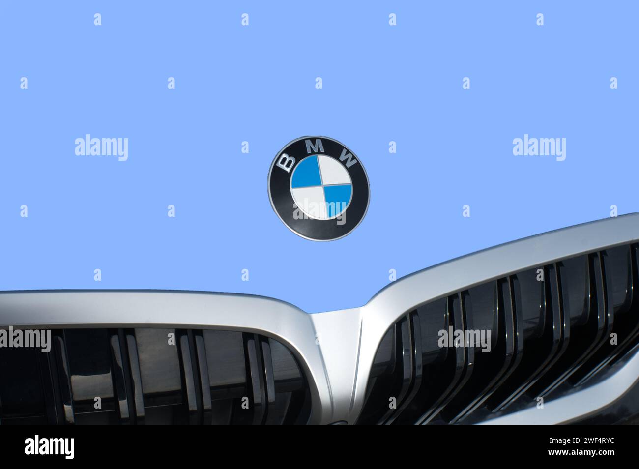 OCALA, FLORIDA - 2 NOVEMBRE 2023 stemma BMW logo, cofano auto blu polvere. Bavaria Motor Works multinazionale tedesca produttrice di veicoli di lusso Foto Stock