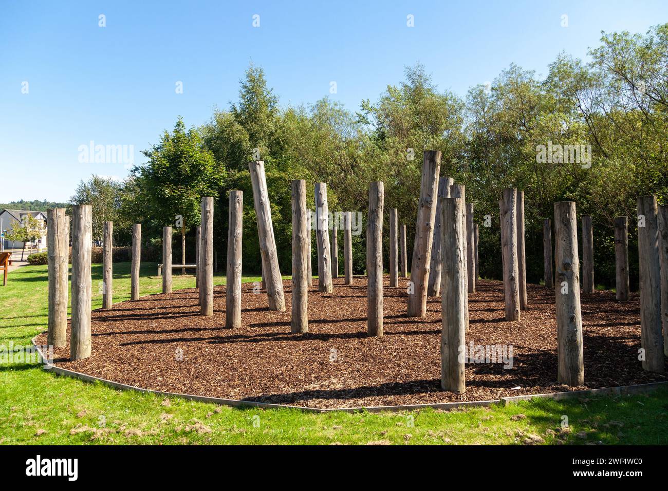 Struttura in legno neolitico Pittenziano costruita nel 2015 presso lo Strathearn Community Campus Foto Stock