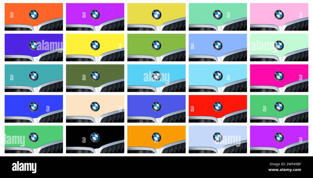 OCALA, FLORIDA - 2 NOVEMBRE 2023 emblema del logo BMW collage anteriore multicolore del cofano. Bavaria Motor Works produttore tedesco di veicoli di lusso e mo Foto Stock