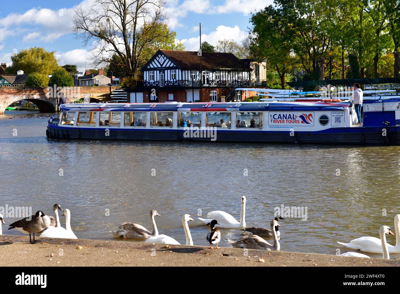 Canal Boat sul fiume Avon a Stratford Upon Avon Warwickshire Inghilterra regno unito Foto Stock