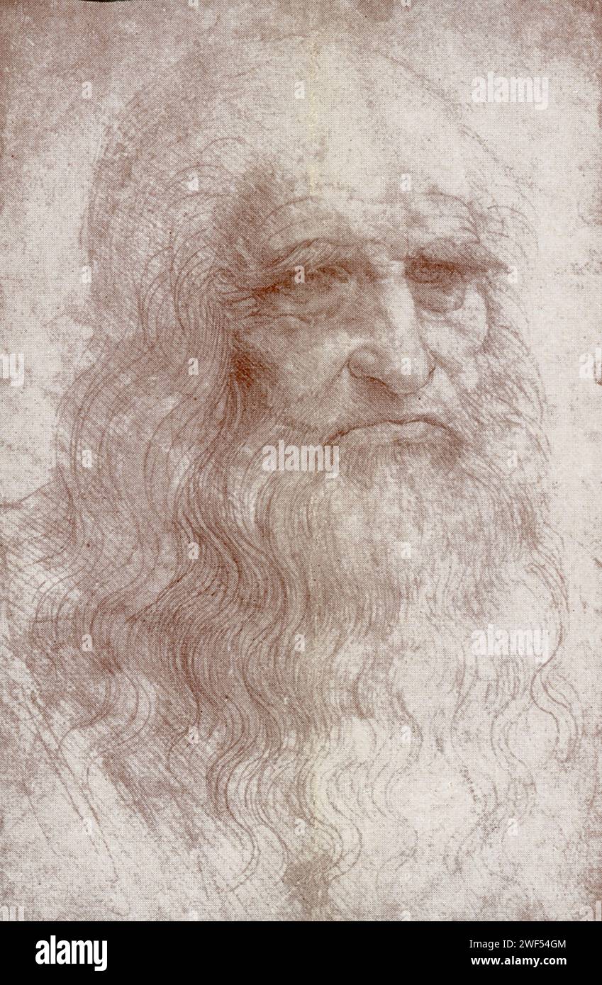 Presunto autoritratto di da Vinci nella Biblioteca reale di Torino. Leonardo di ser Piero da Vinci (1452-1519) è stato un polimero italiano dell'alto Rinascimento attivo come pittore, disegnatore, ingegnere, scienziato, teorico, scultore e architetto. Foto Stock