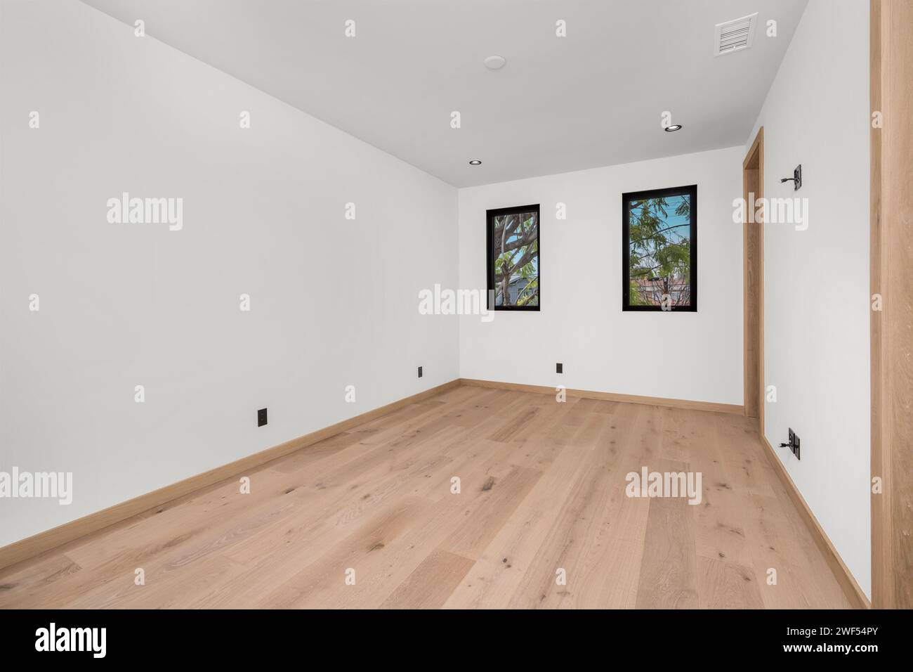 Camera spaziosa con due finestre e pavimento in legno Foto Stock