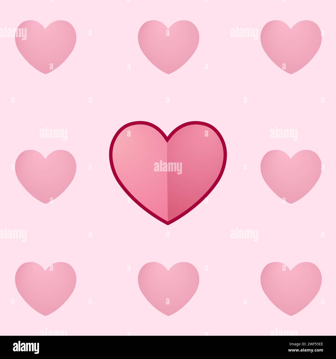 Un set di cuori rosa su sfondo quadrato rosa. Al centro spicca un cuore di grandi dimensioni con un contorno scuro. Cartolina per San Valentino. Illustrazione Vettoriale