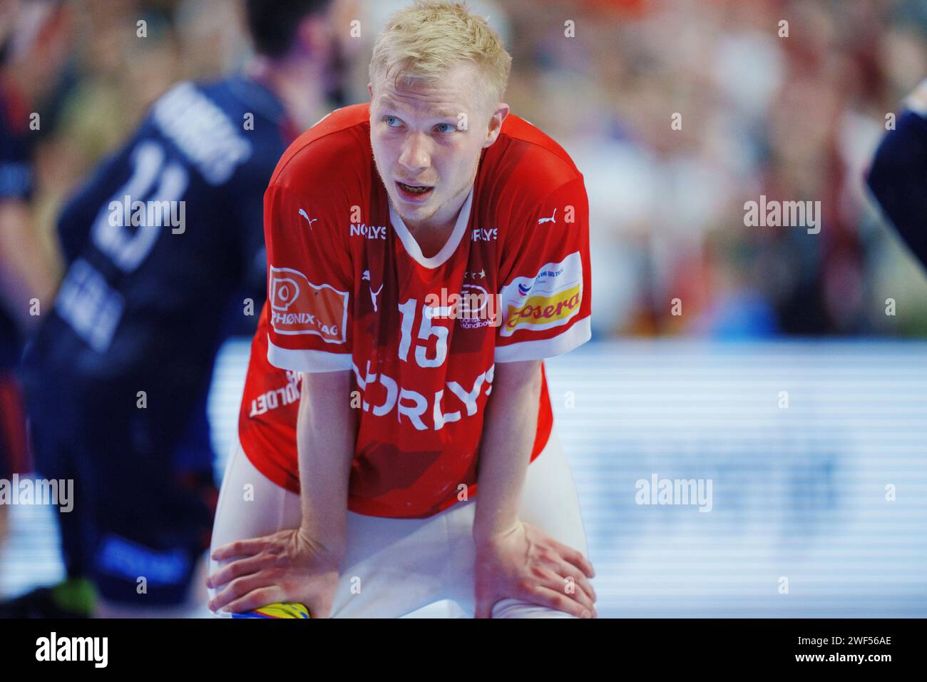 Magnus Saugstrup dopo la finale tra Danimarca e Francia alla Lanxess Arena di Colonia, domenica 28 gennaio 2024. (Foto: Liselotte Sabroe/Ritzau Scanpix) Foto Stock