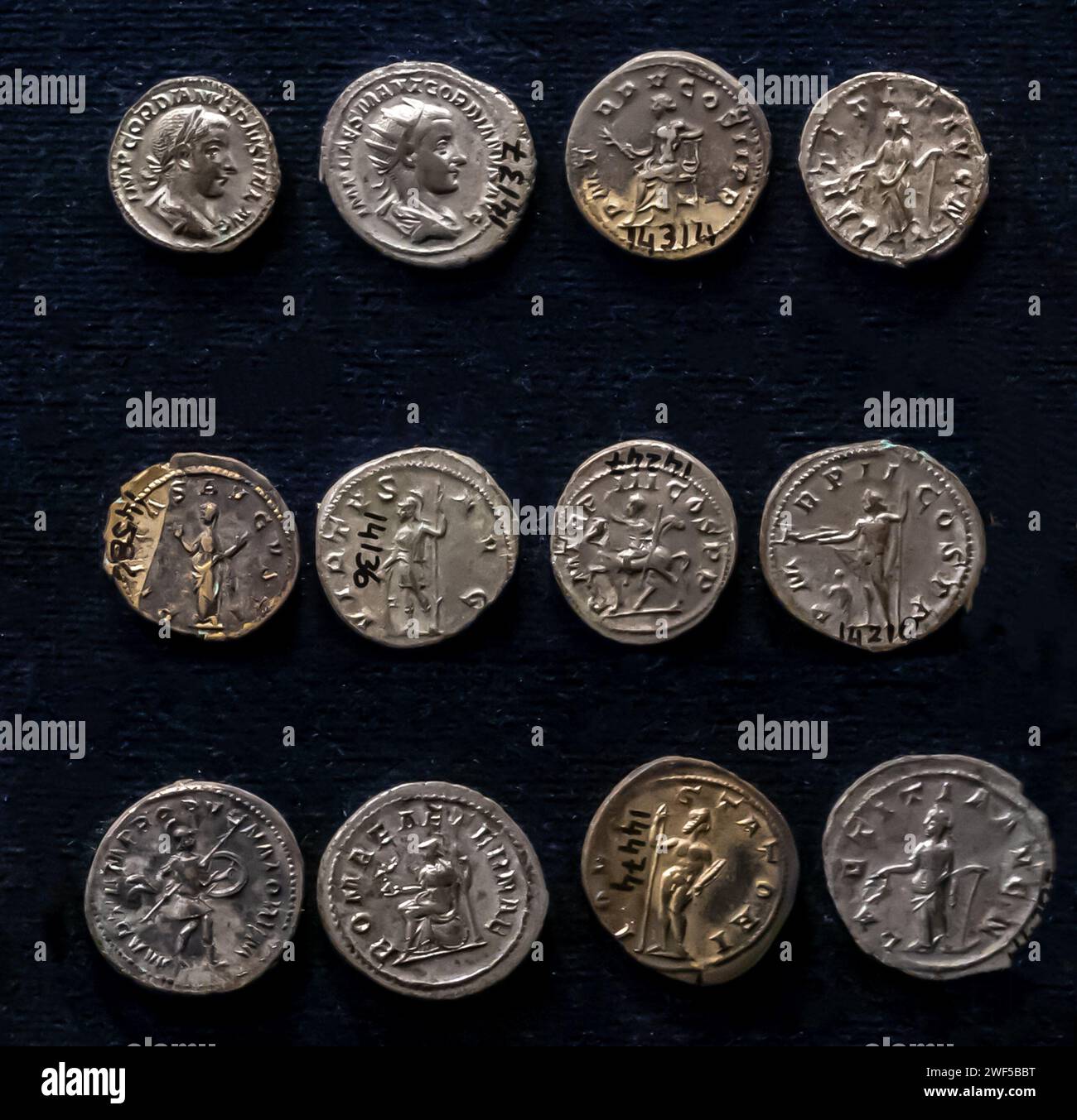 Monete di Gordiano III, 238- 244 d.C. imperatore romano, collezione del museo di Smirne Foto Stock