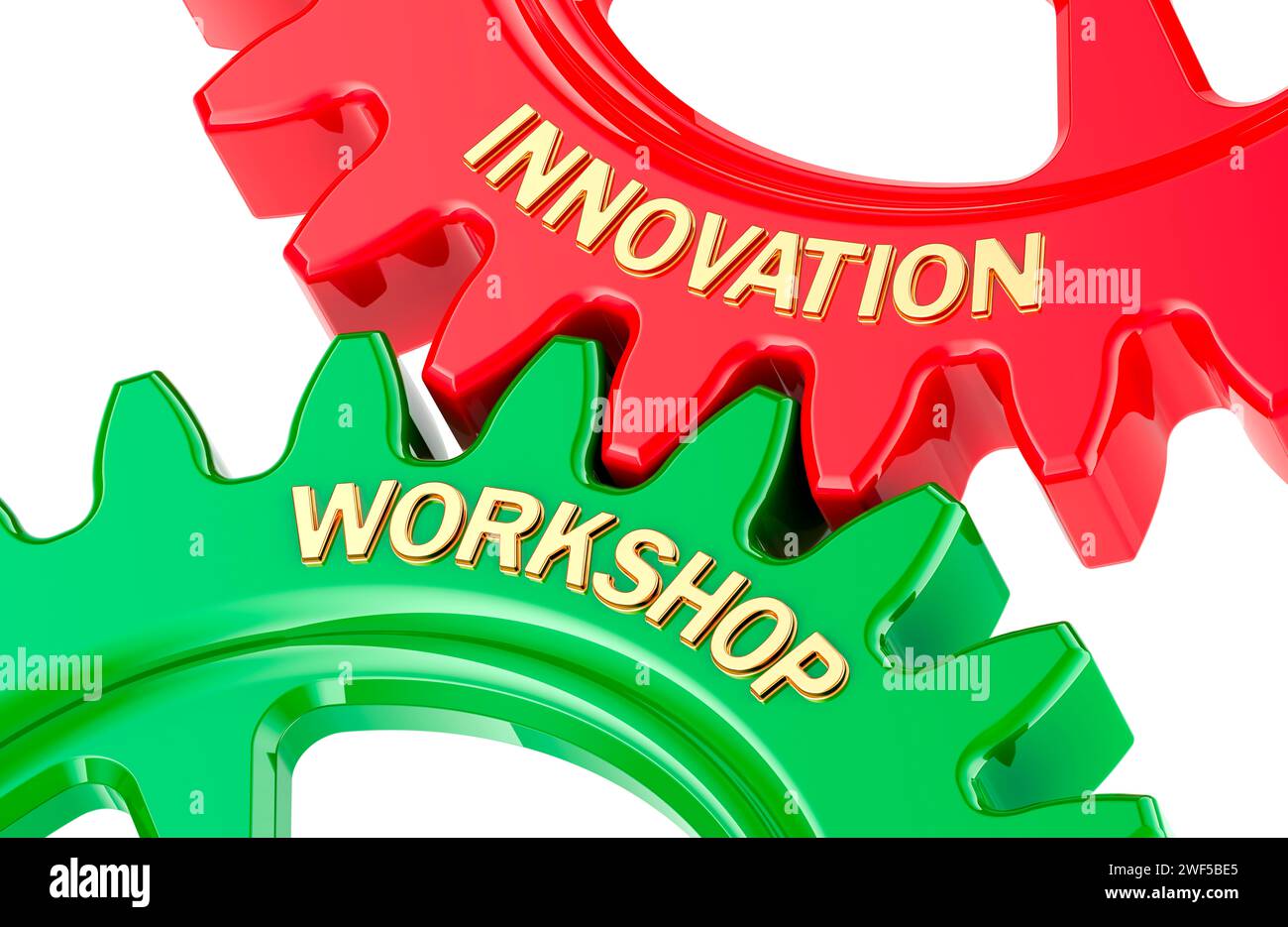 Innovation Workshop Concept con ruote dentate colorate. Rendering 3D isolato su sfondo bianco Foto Stock
