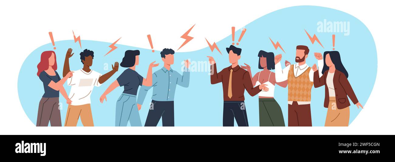 Due gruppi di persone che litigano e combattono. Confronto di squadra tra uomini e donne arrabbiati. Aggressivi personaggi maschili e femminili che urlano, stile Cartoon Flat Illustrazione Vettoriale