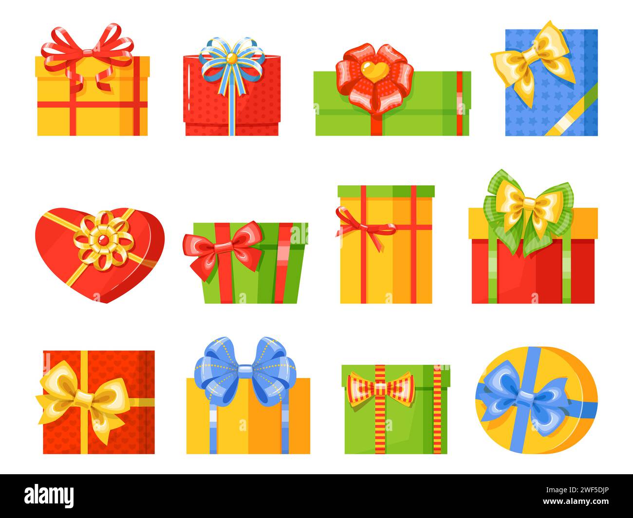 Scatole regalo Cartoon con nastro. Confezioni colorate, diversi tipi di archi, confezioni decorative per le vacanze, eventi di celebrazione, compleanno e. Illustrazione Vettoriale