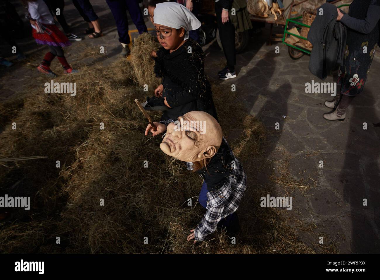 Ituren, Spagna. 28 gennaio 2024. Due bambini giocano con l'erba durante la celebrazione del carnevale di Ituren. Credito: SOPA Images Limited/Alamy Live News Foto Stock