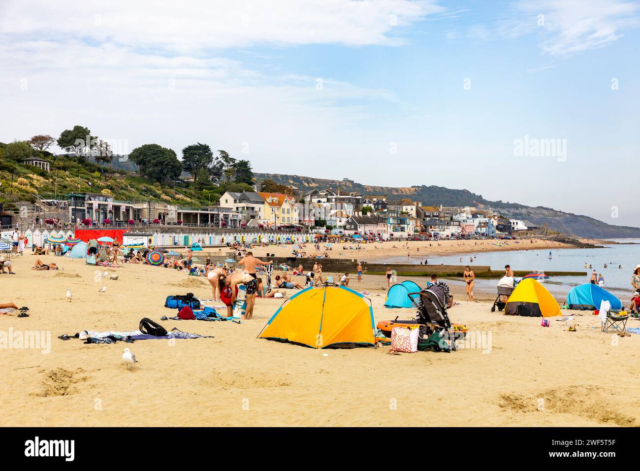 Lyme Regis sulla costa inglese, caldo giorno di settembre per gli amanti della spiaggia usano tende ombra per riparo, Inghilterra,Regno Unito,2023 Foto Stock