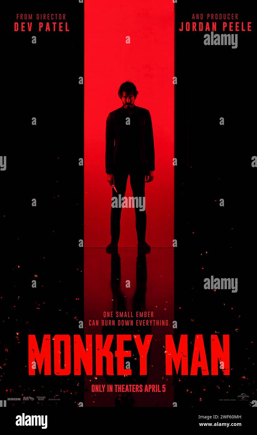 Monkey Man (2024) diretto da Dev Patel e interpretato da Dev Patel, Sharlto Copley e Pitobash. Un giovane anonimo scatena una campagna di vendetta contro i leader corrotti che hanno ucciso sua madre e continuano a vittimizzare sistematicamente i poveri e gli impotenti. Poster US One sheet ***SOLO PER USO EDITORIALE***. Credito: BFA / Universal Pictures Foto Stock