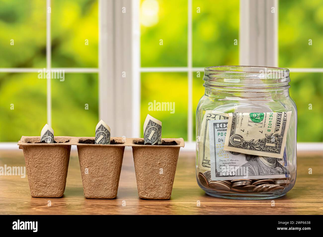 Denaro contante che cresce in vasi di fiori con barattolo di denaro. Piano pensionistico, investimento e conto di risparmio finanziario. Foto Stock