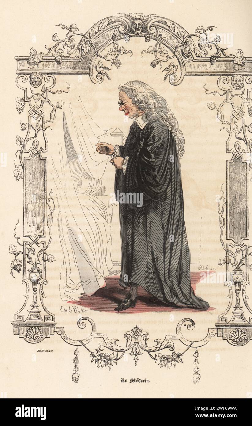 Costume di un medico ciarlatano, Francia, XVIII secolo. Medico in parrucca lunga in polvere, occhiali, abito lungo nero, scarpe con fibbia, al letto di un paziente. Le Medecin. Incisione in acciaio colorato a mano di Delangle su un'illustrazione di Emile Wattier, all'interno di un cartiglio decorativo di Bertrand, da Augustin Challamel Autrefois ou le Bon Vieux Temps, Types de 18e Siecle, Challamel et Cie, 1842. Foto Stock