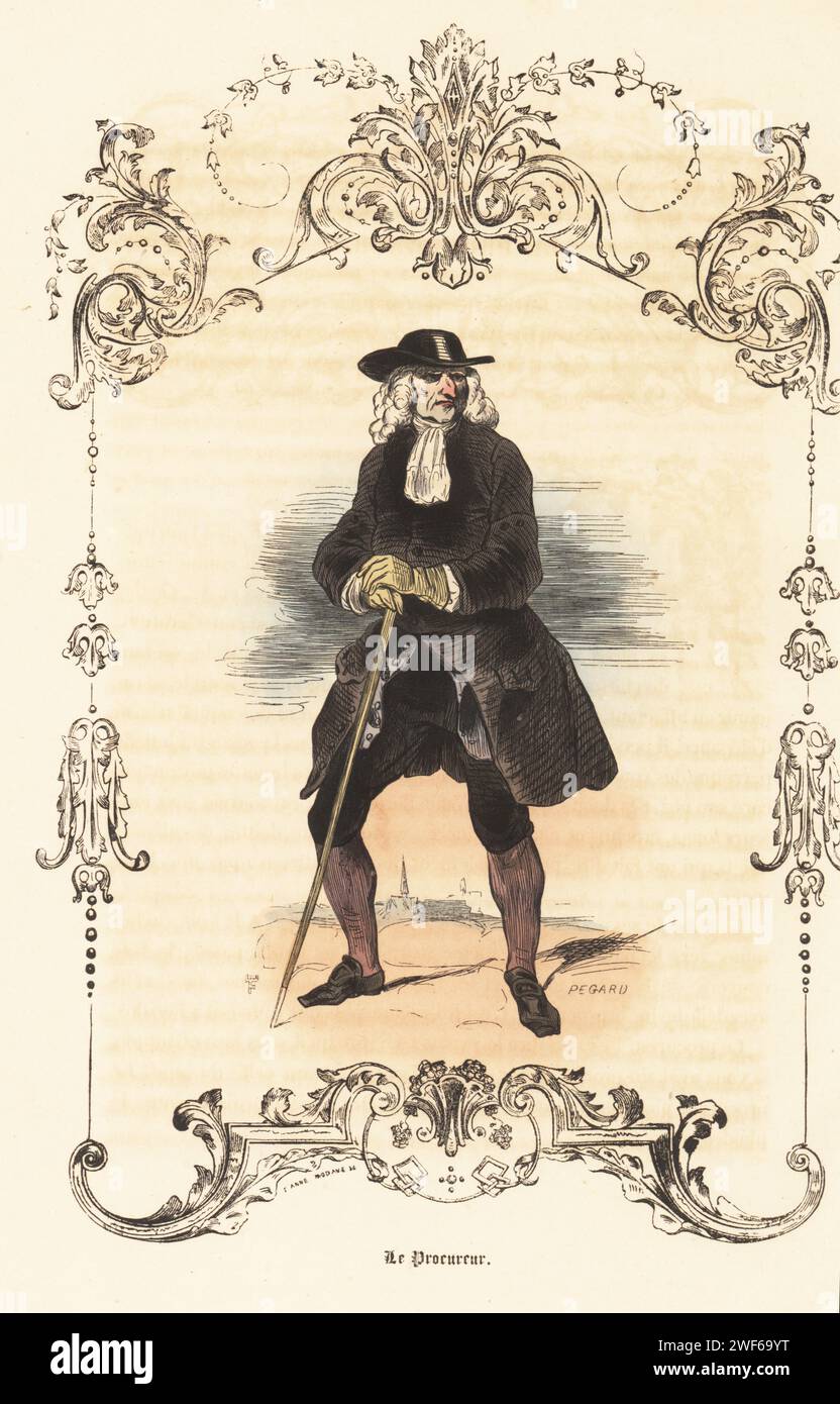 Costume di un procuratore dell'antico regime, XVIII secolo. Avvocato con berretto nero, parrucca in polvere, justaucorps neri, calzini e scarpe con fibbia, con bastone. Le Procureur. Incisione in acciaio colorato a mano di Pegard su un'illustrazione di Theophile Fragonard, all'interno di un cartiglio decorativo di Anne Modave, da Augustin Challamel Autrefois ou le Bon Vieux Temps, Types de 18e Siecle, Challamel et Cie, 1842. Foto Stock