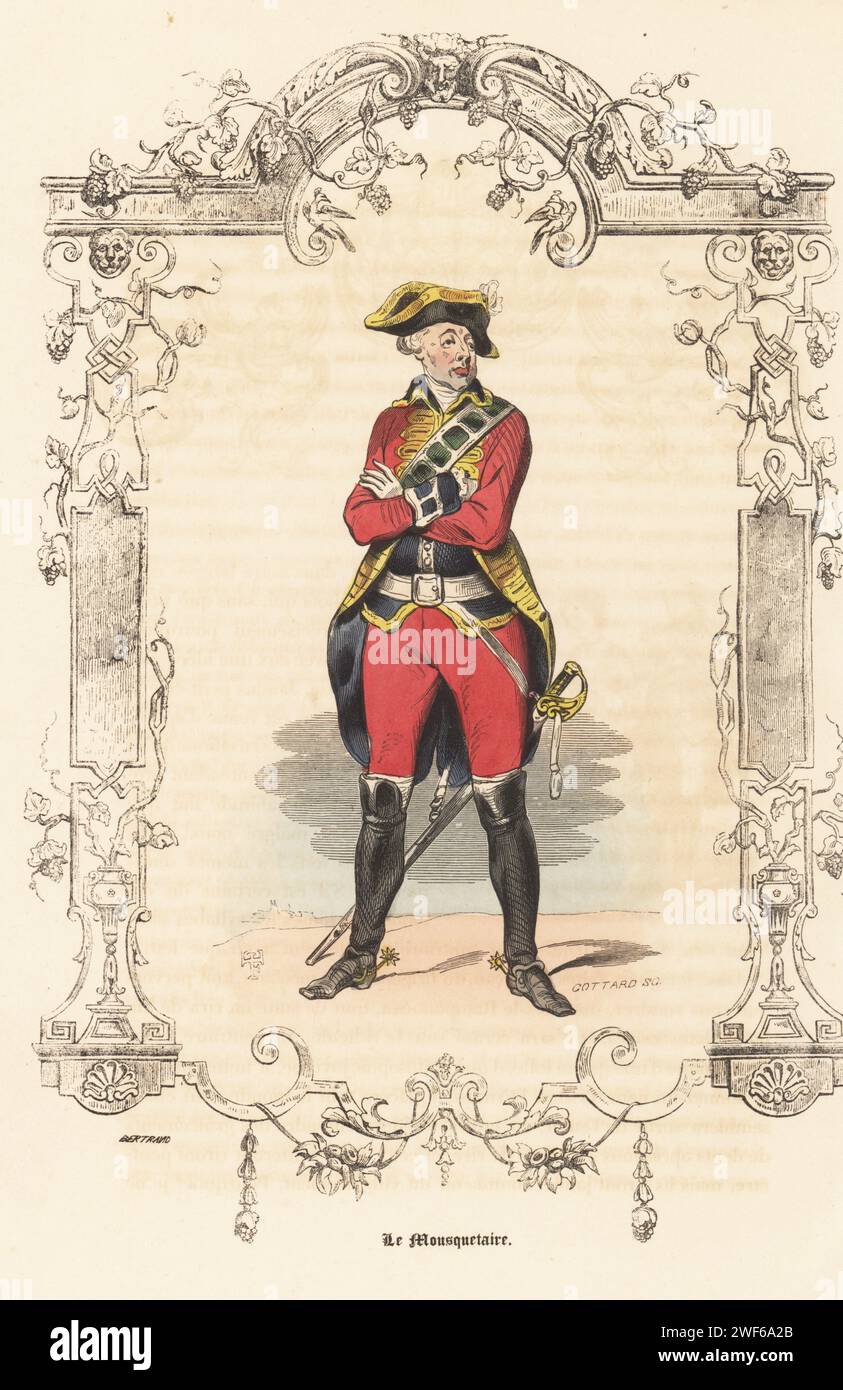 Uniforme di un moschettiere francese, XVIII secolo. Dragone di cavalleria leggero in bicorno, cappotto rosso e pantaloncini, gilet nero, stivali, armati di spada. Sciolto nel 1776. Le Mousquetaire. Incisione in acciaio colorato a mano di Cottard su un'illustrazione di Theophile Fragonard, all'interno di un cartiglio decorativo di Bertrand, da Augustin Challamel Autrefois ou le Bon Vieux Temps, Types de 18e Siecle, Challamel et Cie, 1842. Foto Stock