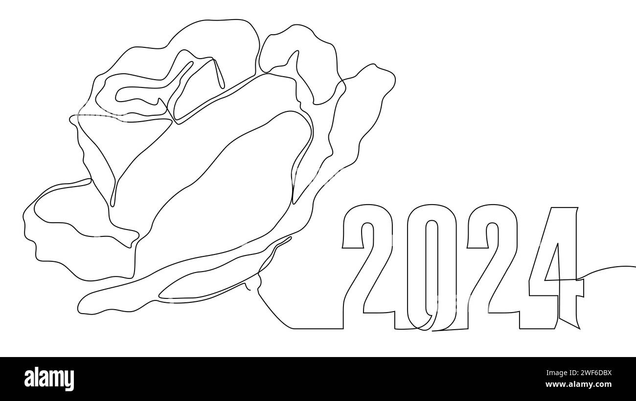 Una linea continua di 2024 numeri con fiori di rosa. Concetto vettoriale illustrazione a linee sottili. Idee creative per disegnare contorni. Illustrazione Vettoriale