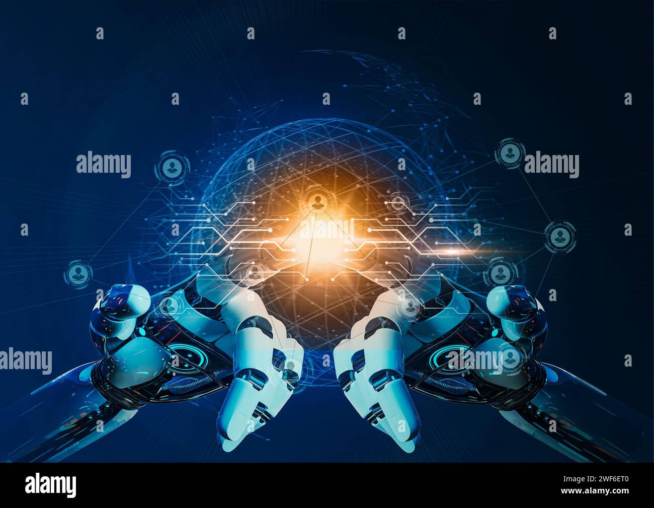 AI, apprendimento automatico , robot mani sullo sfondo della connessione alla rete di big data, scienza e tecnologia dell'intelligenza artificiale Foto Stock