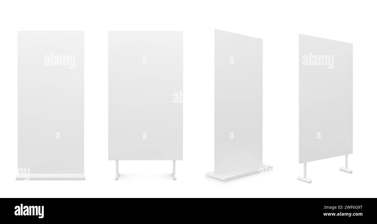 Cartellone di stand vuoto vuoto per la pubblicità. Set di illustrazioni vettoriali realistiche di modelli di banner promozionali verticali vuoti per la presentazione di annunci e prodotti in mostra. Illustrazione Vettoriale