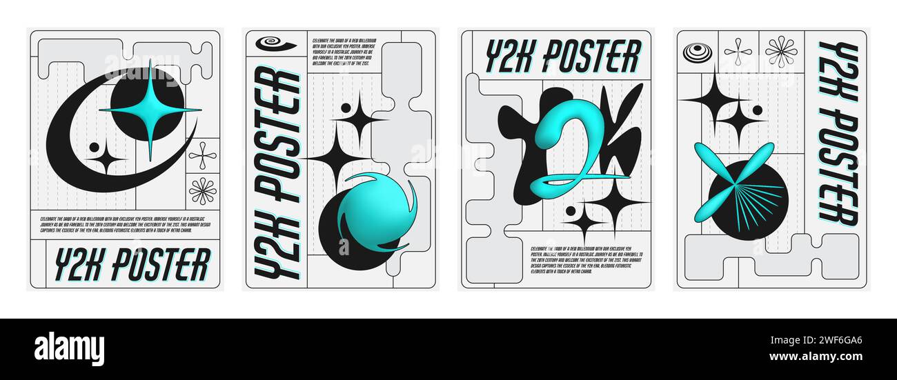 Banner in stile arte retrò futuristico con elementi di design astratti. Illustrazione vettoriale di poster estetici retroondeggianti, segni turchesi, testo nero su sfondo bianco, modelli di volantini y2k Vibe Illustrazione Vettoriale