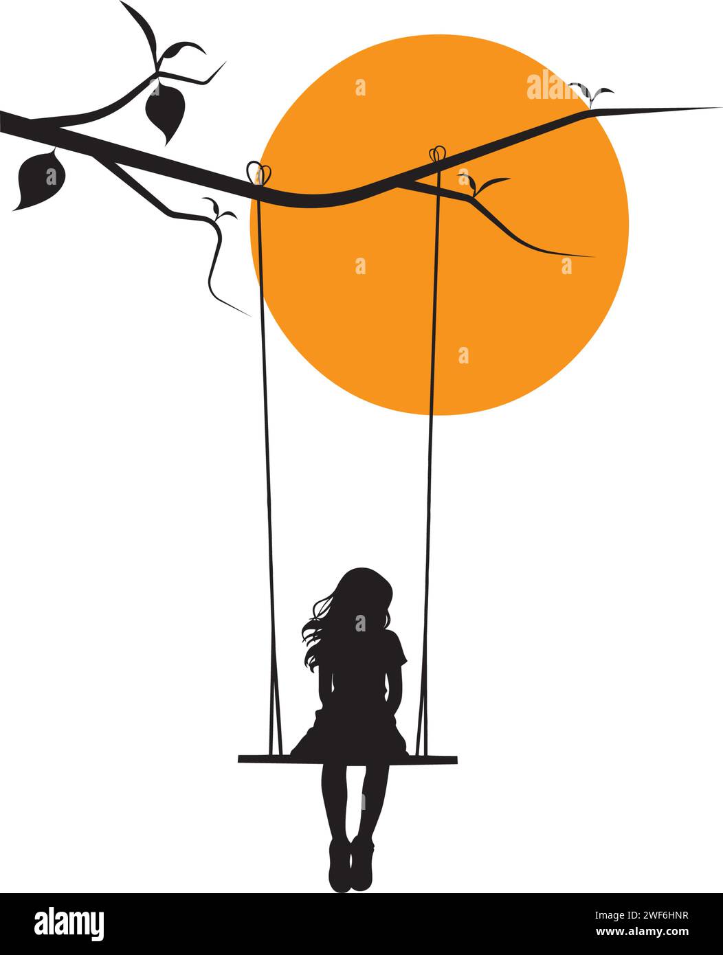 Ragazza su un ramo al tramonto, illusione vettoriale. Silhouette da ragazza su una silhouette a forma di ramo. Decalcomanie murali isolate su sfondo bianco Illustrazione Vettoriale