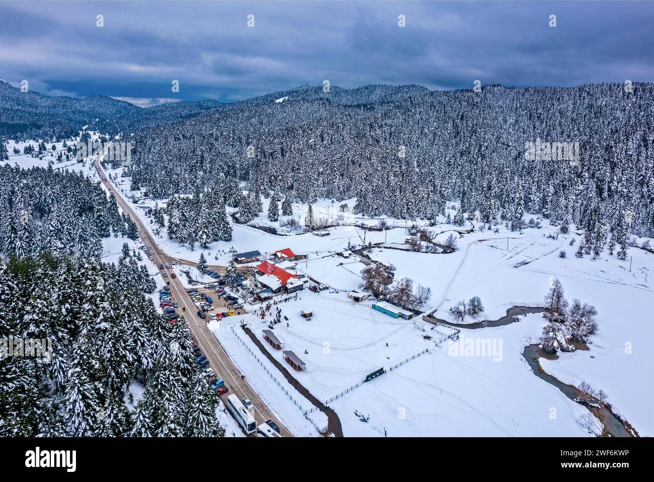 Vista aerea di Livadia Pertouliou ("prati di Pertouli"), comune di Pyli, Trikala, Tessaglia, Grecia. Foto Stock