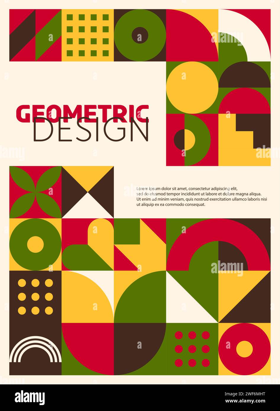 Moderno poster astratto con motivo geometrico bauhaus, design all'avanguardia con audaci colori rosso, verde, giallo, marrone e bianco. Sfondo vettoriale sofisticato e accattivante con un'estetica all'avanguardia Illustrazione Vettoriale