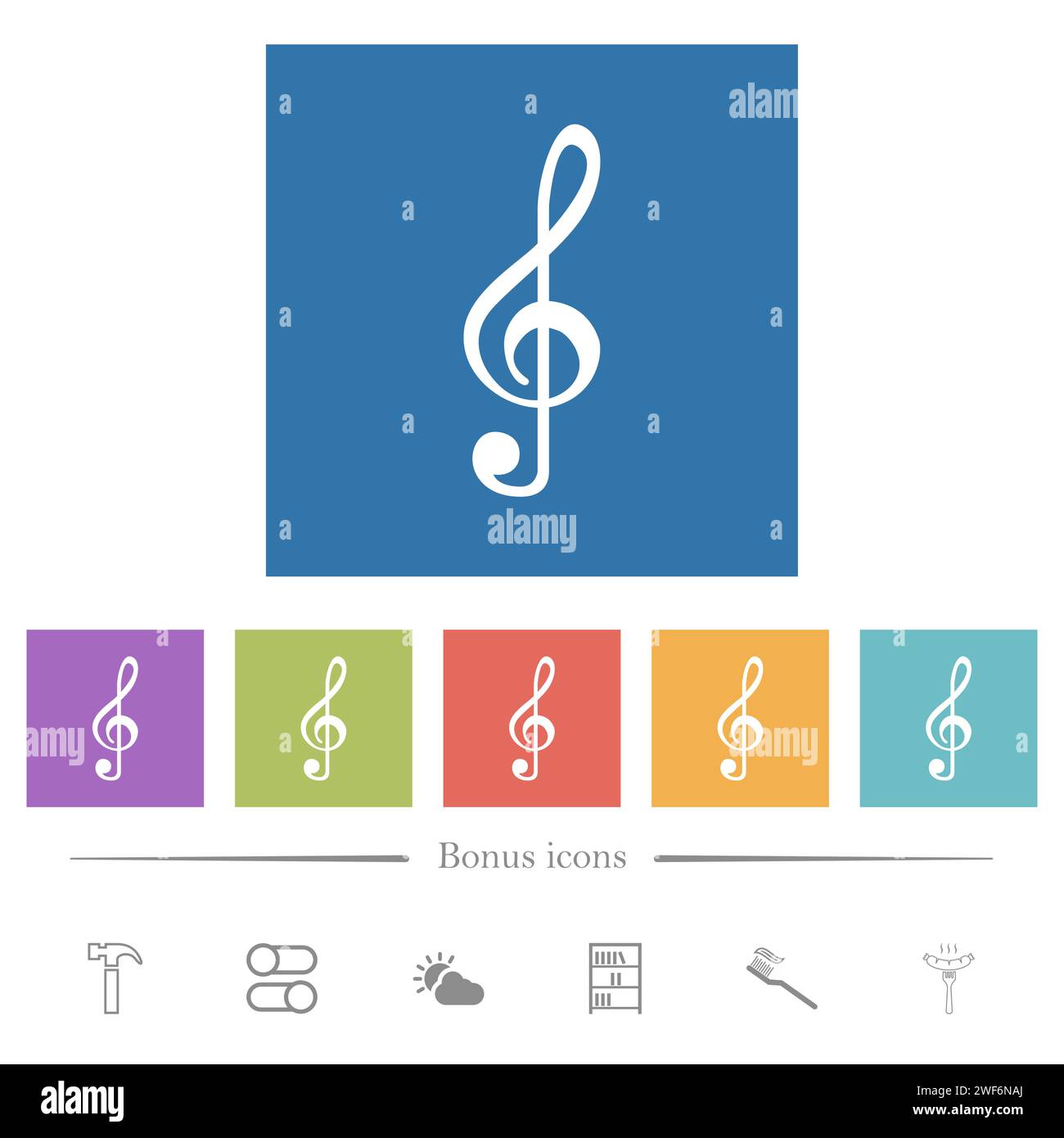 icone bianche piatte dei tasti violino su sfondi quadrati. 6 icone bonus incluse. Illustrazione Vettoriale