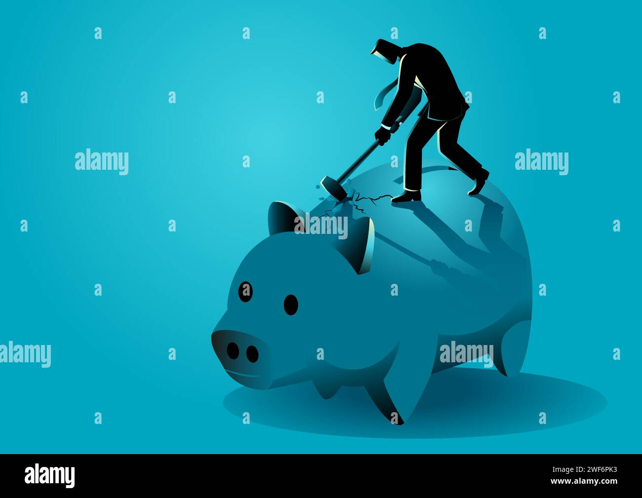 Business concept illustrazione vettoriale di uomo d'affari che sfonda gigantesco salvadanaio con mazza, ha bisogno di denaro di emergenza, utilizzando denaro in cris finanziario Illustrazione Vettoriale