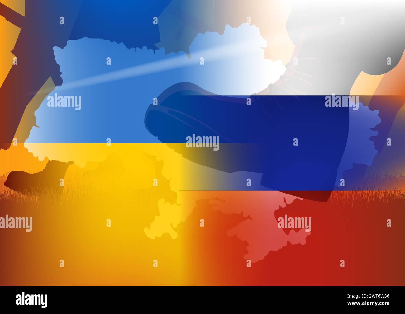 Illustrazione vettoriale di stivali militari silhouette con bandiera Ucraina, bandiera russa e mappa Ucraina, invasione, conflitto, sotto pressione, concetto di guerra Illustrazione Vettoriale