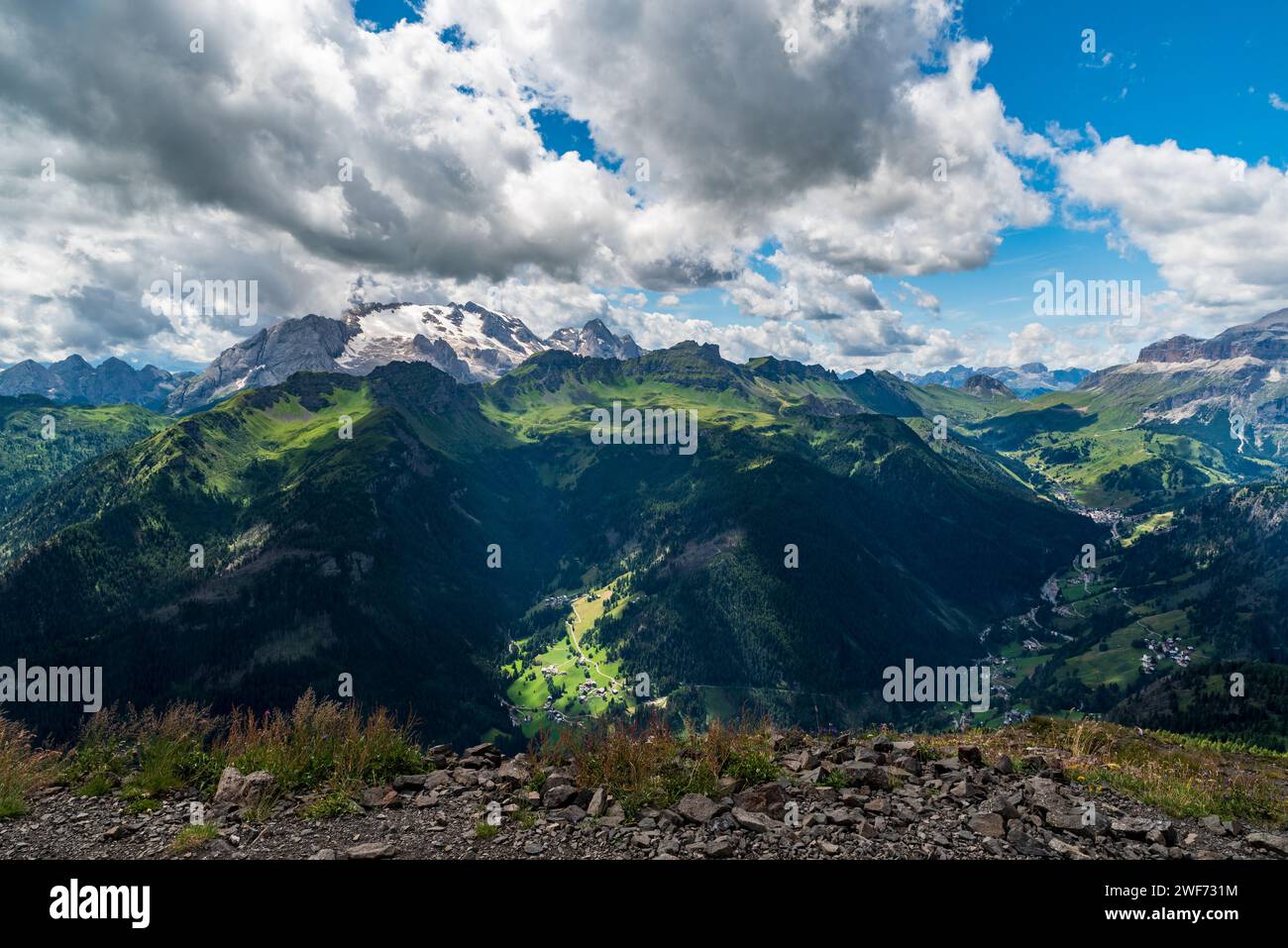 Padon, Marmolada, Langkofel e parte del gruppo del Sella dalla cima del monte SIEF nelle Dolomiti durante l'estate Foto Stock