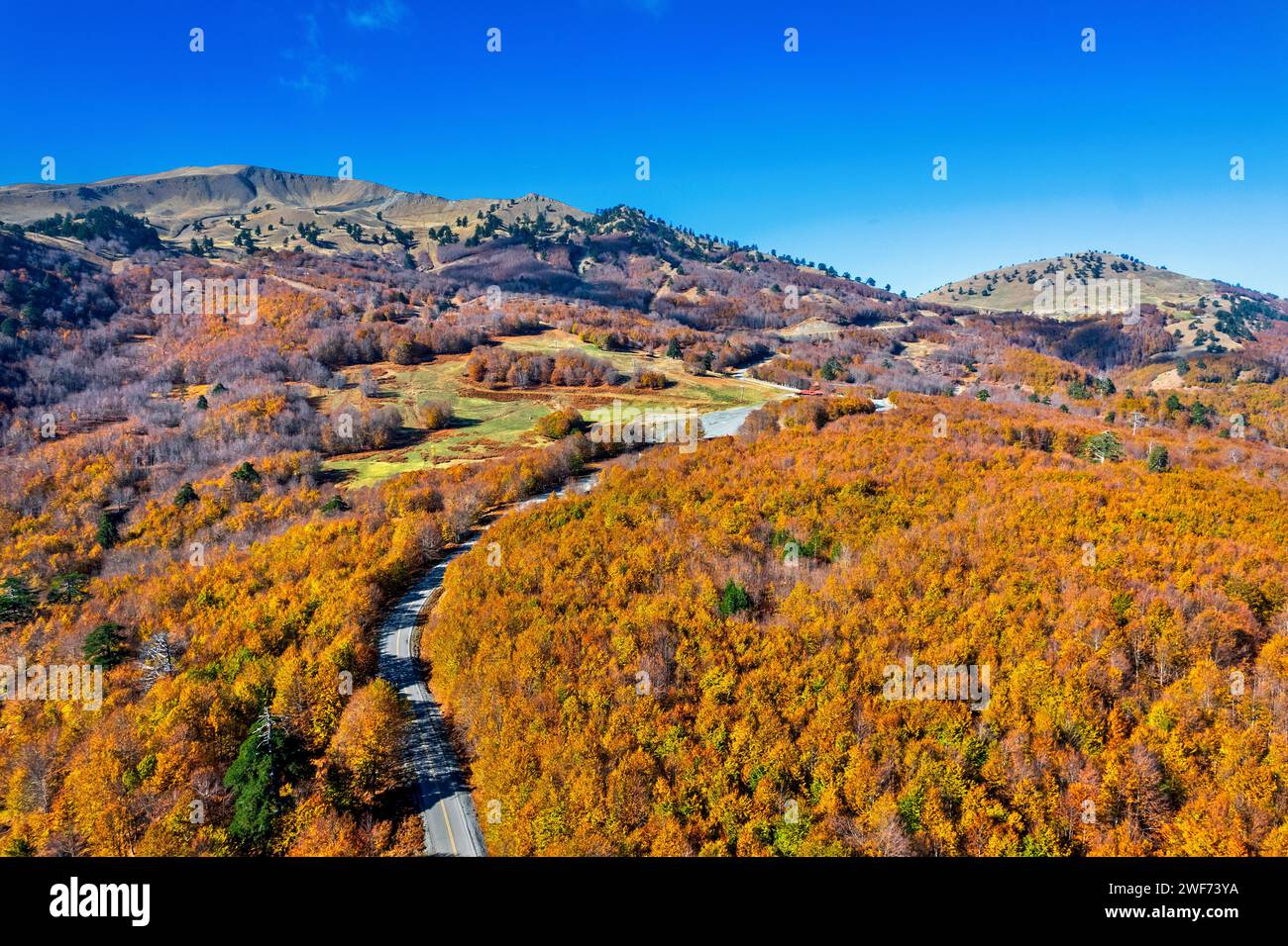 Autunno sul monte Vasilitsa (la vetta a sinistra a 2249 m.), Grevena, Macedonia occidentale, Grecia. Foto Stock