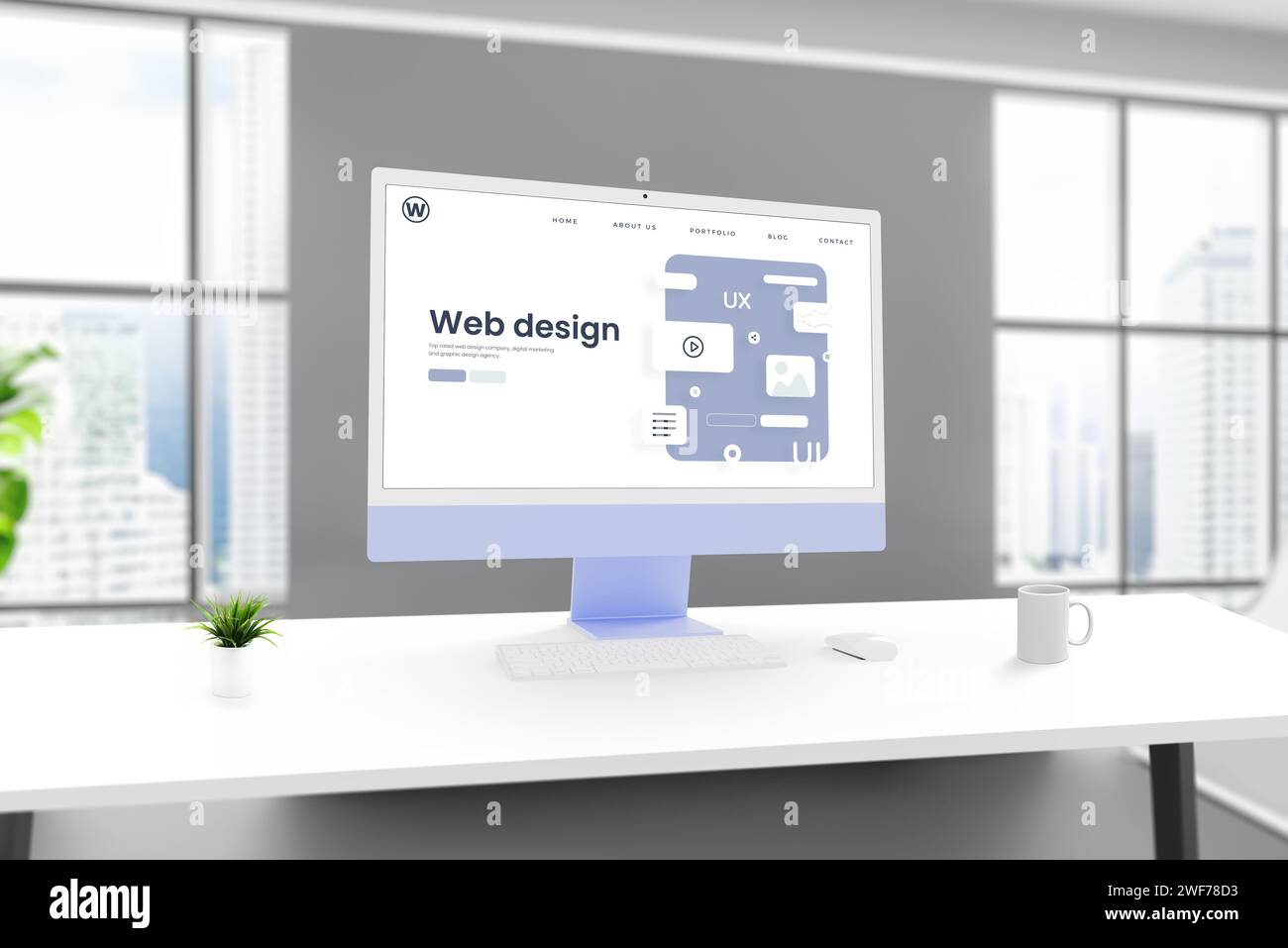 Ambiente da studio di Web design con display per computer che presenta una pagina di progettazione Web concettuale. Creatività, fusione di tecnologia ed elementi di design per un Foto Stock