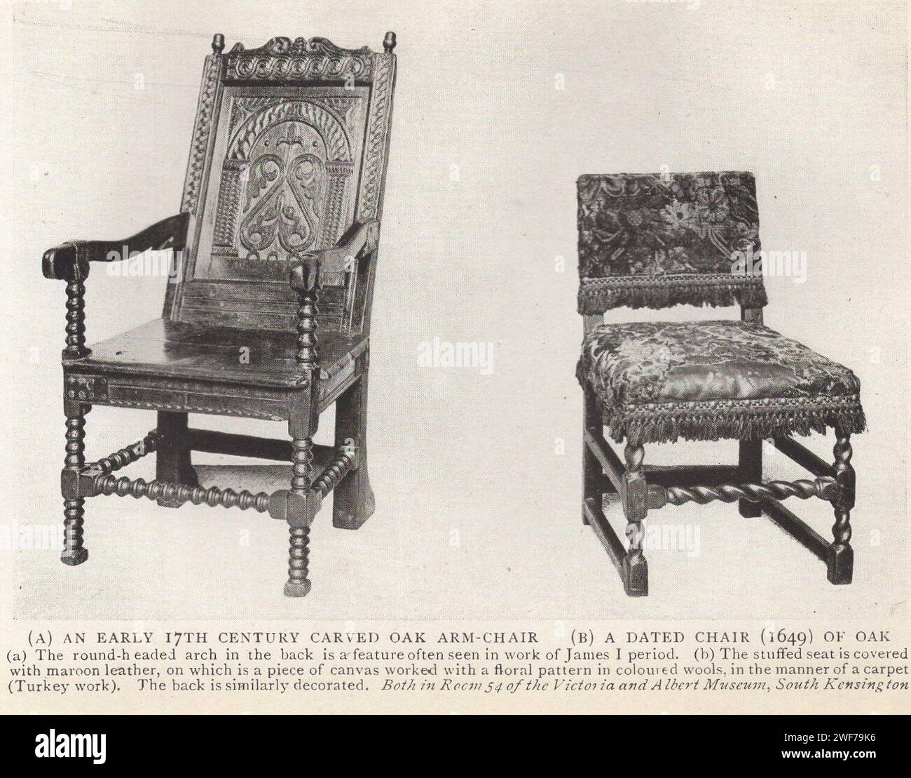 Il collezionista di mobili : vecchi mobili inglesi del XVII & XVIII secoli. Pubblicato dal libro di Herbert Jenkins un'introduzione allo studio degli stili inglesi del XVII e XVIII secolo da Edward W. Gregory con 55 illustrazioni di pezzi tipici di mobili provenienti da collezioni pubbliche e private. A) una poltrona di quercia scolpita dell'inizio del XVII secolo, B) una sedia datata (1649) di quercia. Periodo James I. Nella stanza 54 del Victoria and Albert Museum, South Kensington Foto Stock