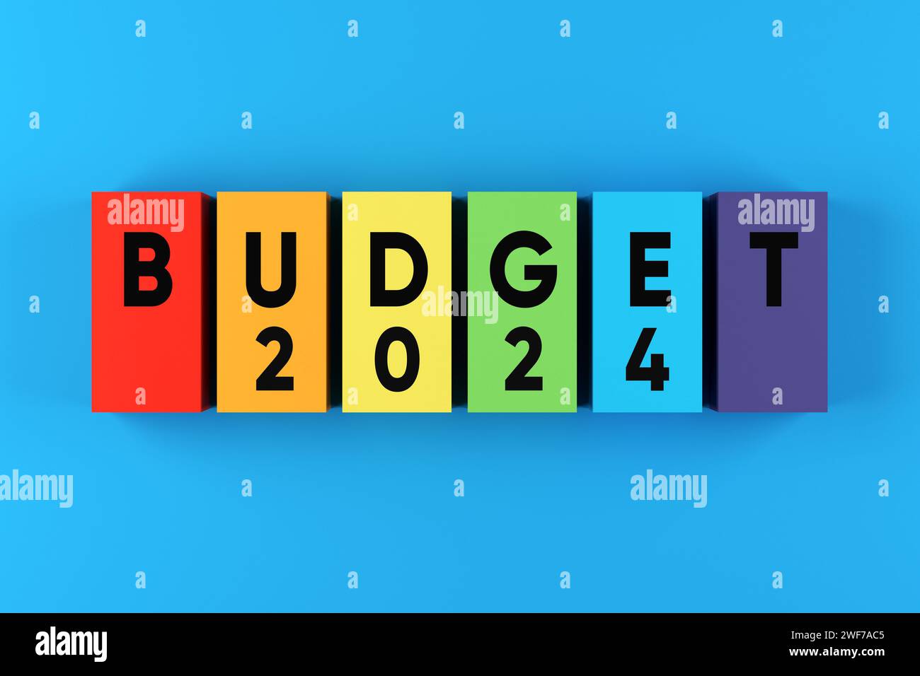 Pianificazione del bilancio per l'esercizio 2024. Concetto di budget finanziario e pianificazione aziendale. La parola budget 2024 su blocchi colorati. Foto Stock