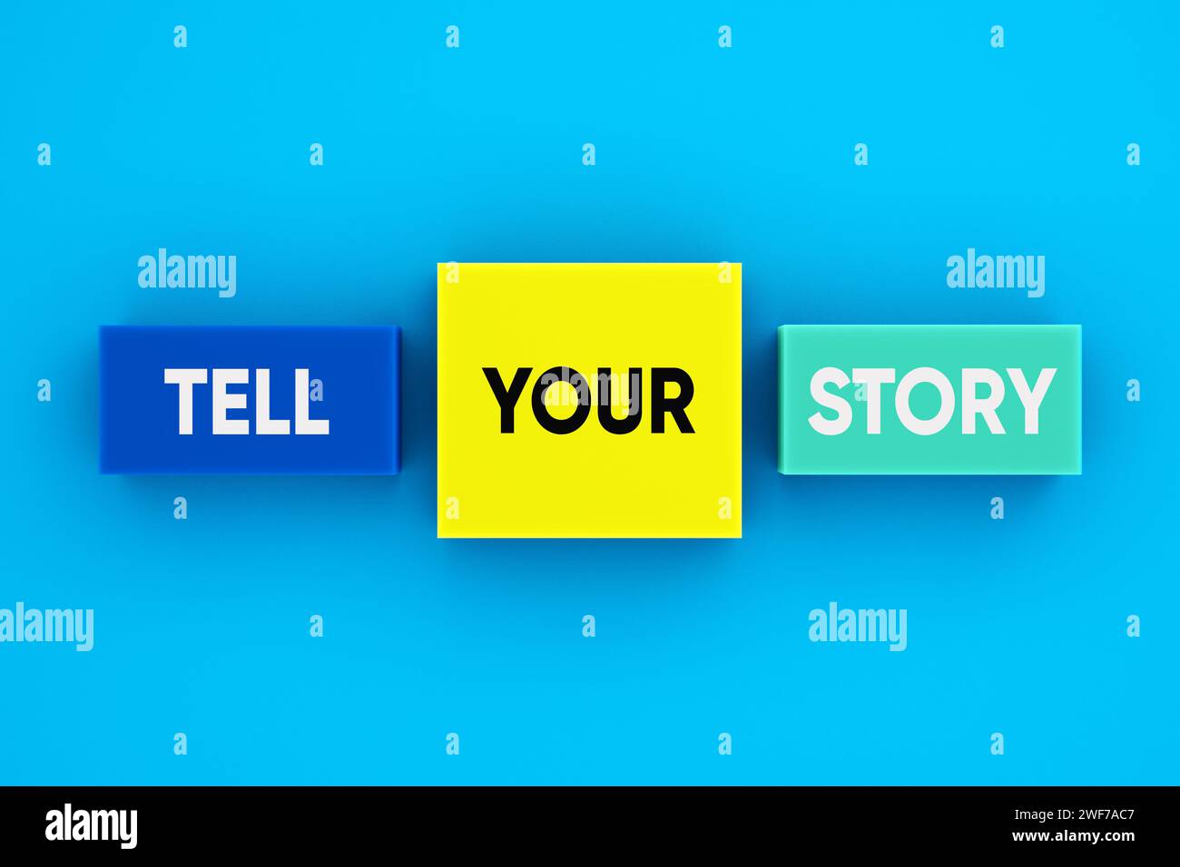 Narrazione, condivisione di esperienze e informazioni personali. Il messaggio racconta la tua storia su blocchi colorati. Foto Stock