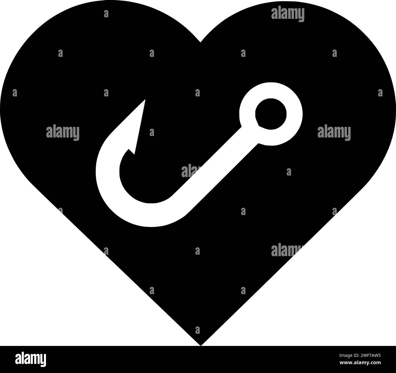 illustrazione a forma di cuore silhouette love fishing logo simbolo a forma di pesce contorno gancio marino cattura romantico san valentino esca forma di canna acquario di pesce r Illustrazione Vettoriale